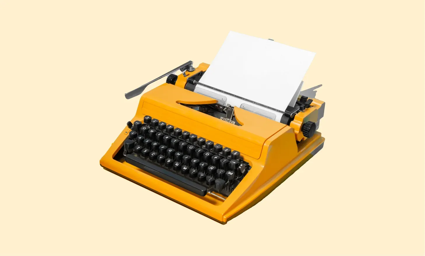 A retro orange typewriter with a blank sheet of paper loaded, on a pale yellow background