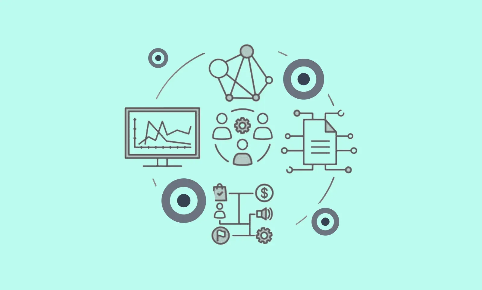 Greyscale line-art illustration on mint: a line chart on a monitor, a connected network graph, people around a cog, a document wired into a circuit, and an attribution flow of dollar, megaphone, flag and checklist icons, ringed by target bullseyes.