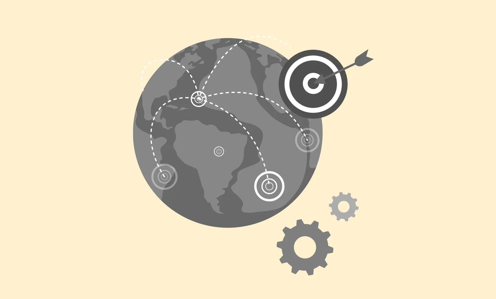 Gray globe with dashed lines linking location markers to a target and arrow bullseye, beside two gears, on cream