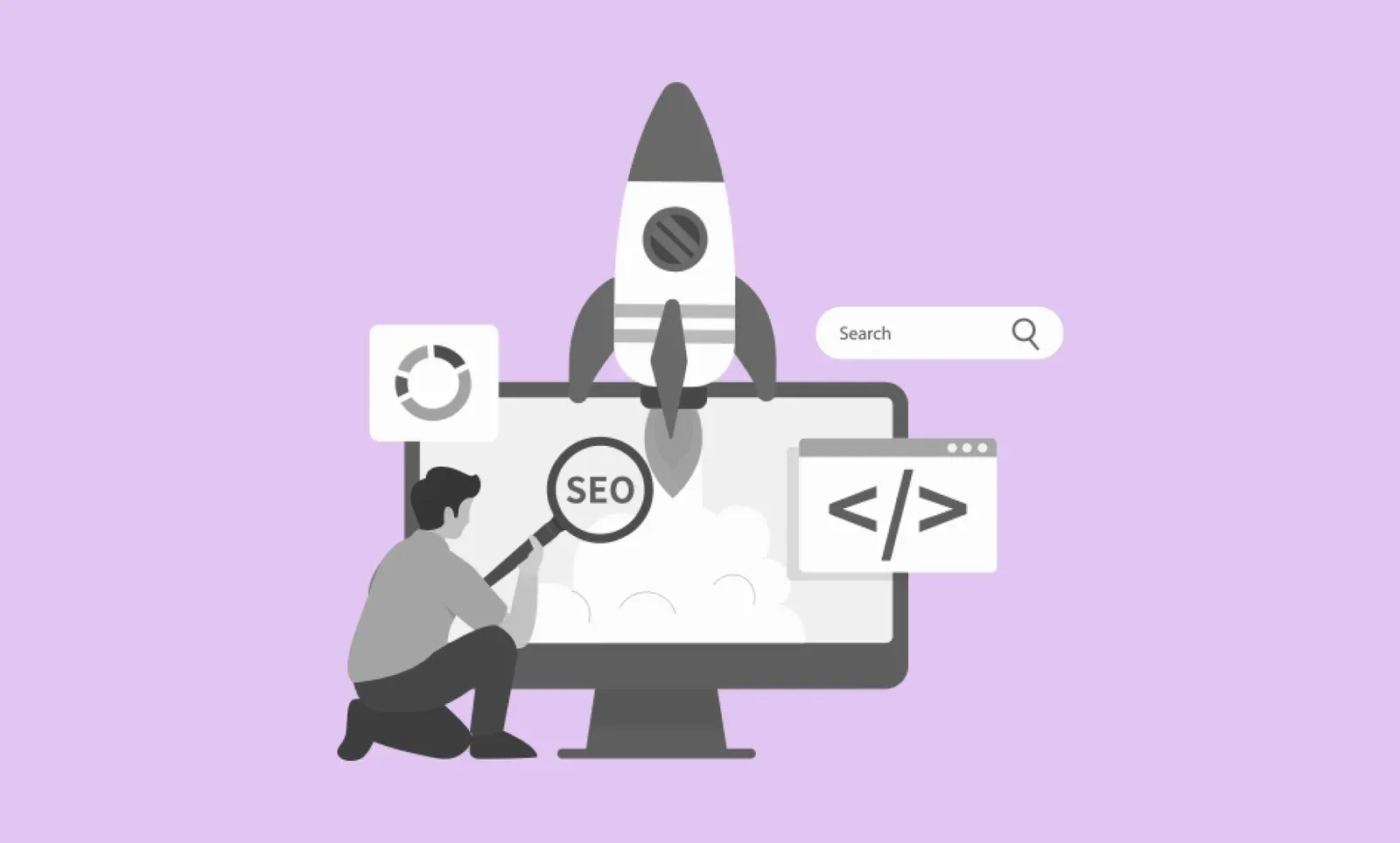 A person holds a magnifier over a "SEO" badge on a monitor as a rocket launches, beside a search bar and code window