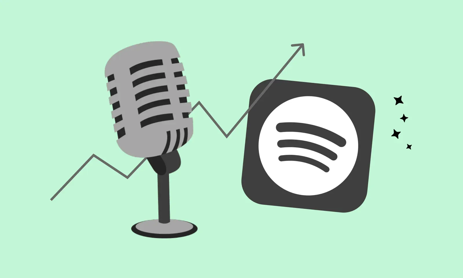 Silver retro microphone beside a black Spotify icon with a rising trend line arrow on a mint green background.
