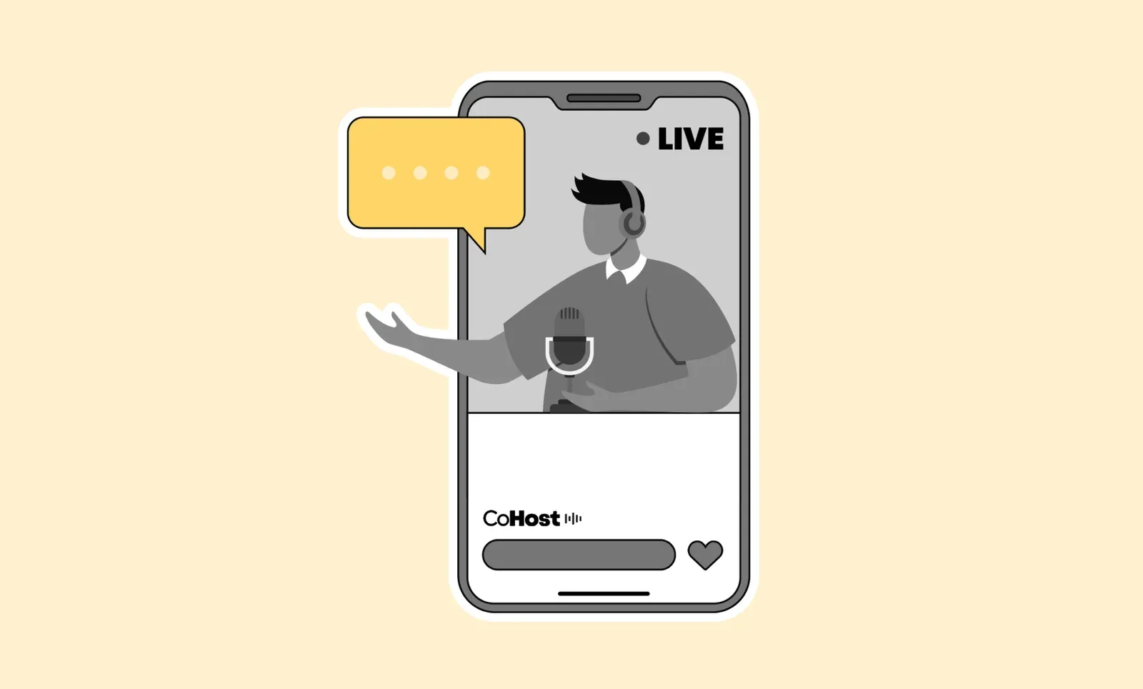 Smartphone streaming a headphoned podcaster at a mic with a "LIVE" label, chat bubble, and CoHost logo