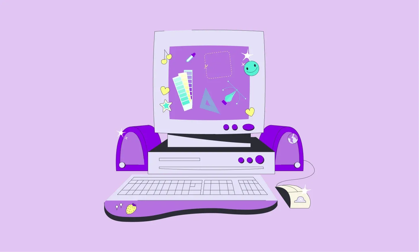 Retro purple desktop computer with design tools, color swatches, and a smiley face on screen, plus keyboard and mouse.