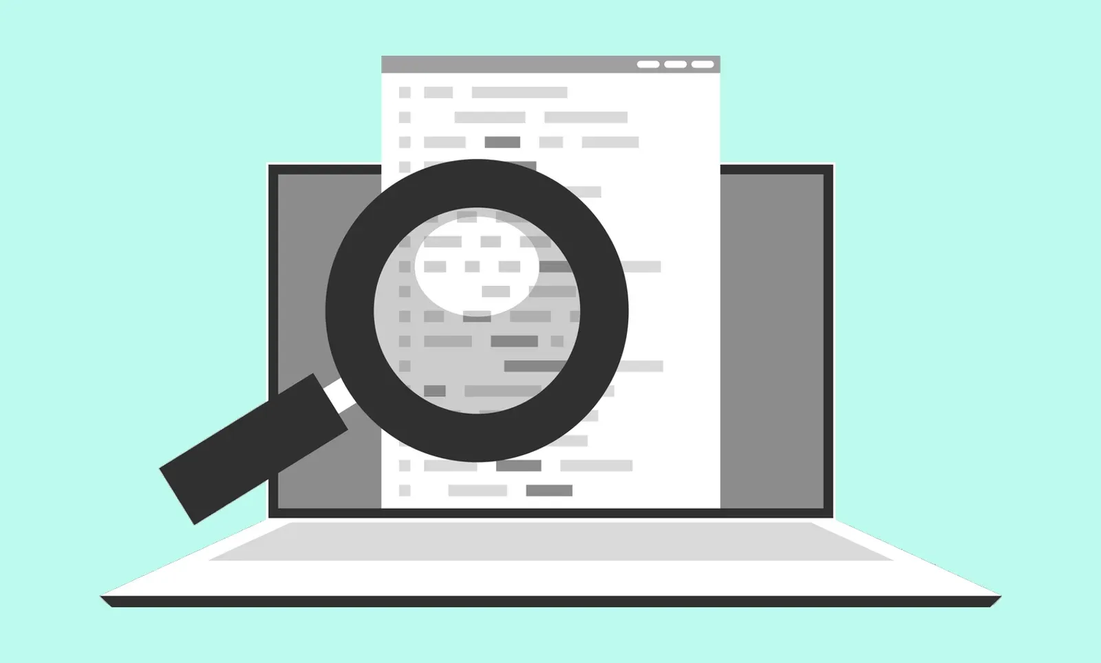 Greyscale illustration of a magnifying glass inspecting a document on a laptop screen, on a mint green background.