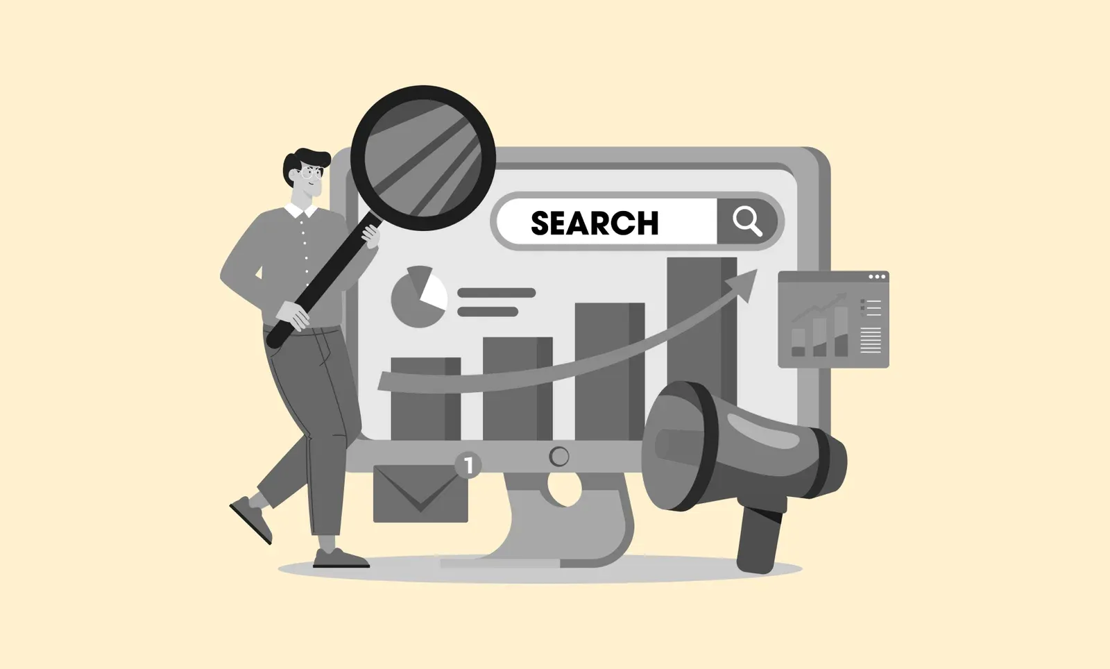 Man holds a magnifying glass beside a monitor with a "SEARCH" bar, bar charts, and a megaphone on yellow