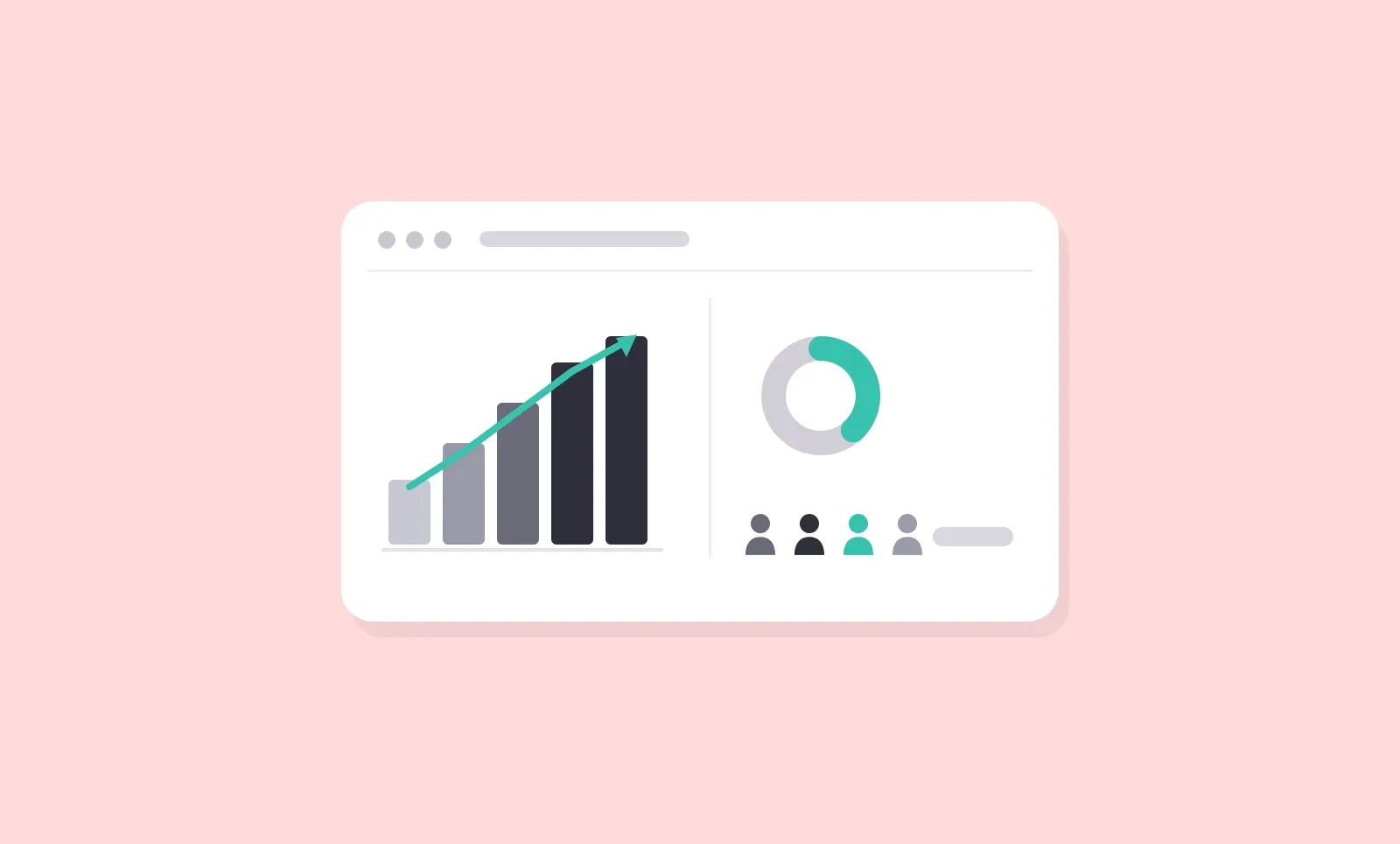 Flat illustration of a podcast analytics dashboard on a pink background: A rising grayscale bar chart with an upward turquoise trend arrow, beside a donut chart and a row of listener avatars with one highlighted in turquoise.