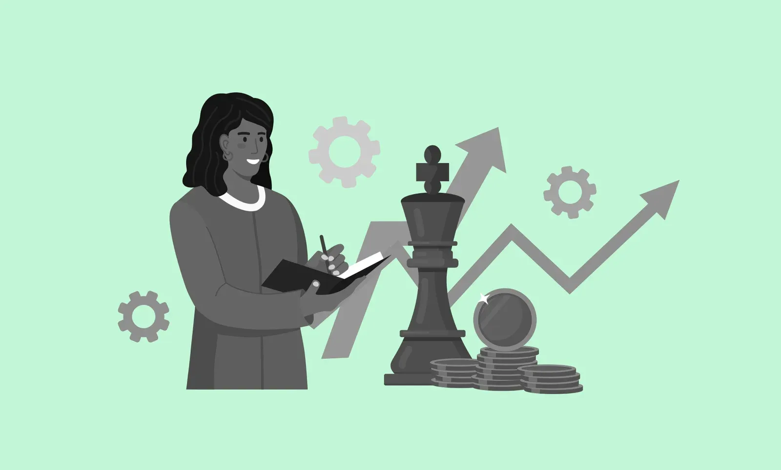 Greyscale illustration of a woman writing in a notebook beside a chess king, stacked coins, and rising arrows on a mint background.