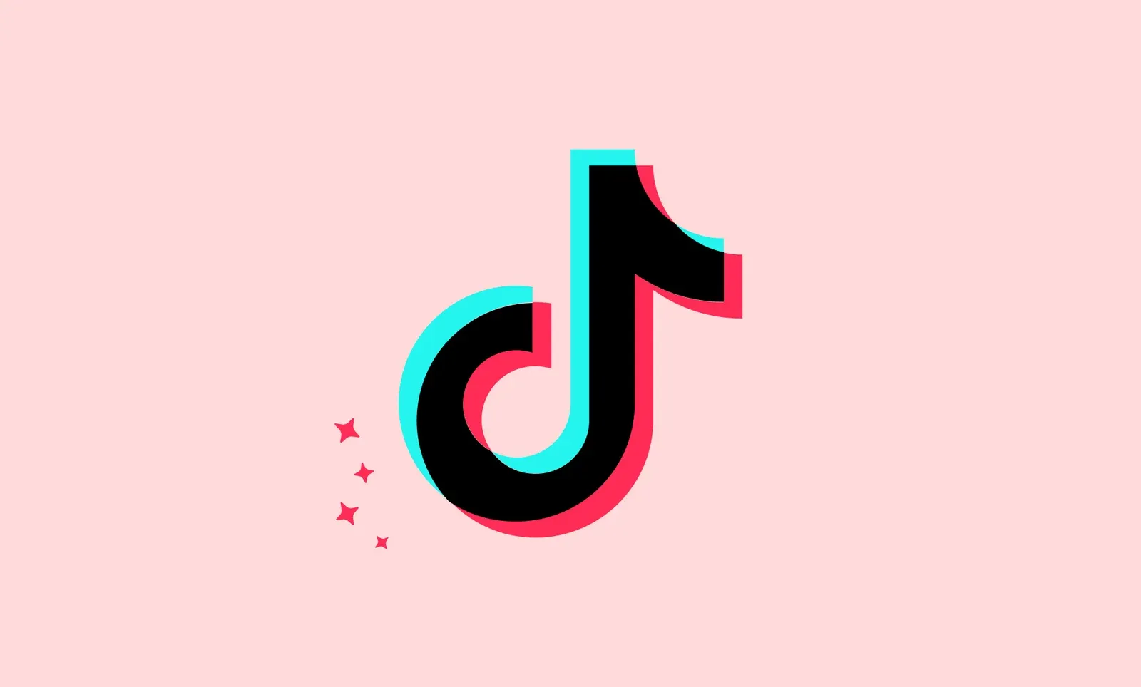 TikTok's black music-note logo with cyan and pink offset edges beside four pink sparkles on a light pink background.