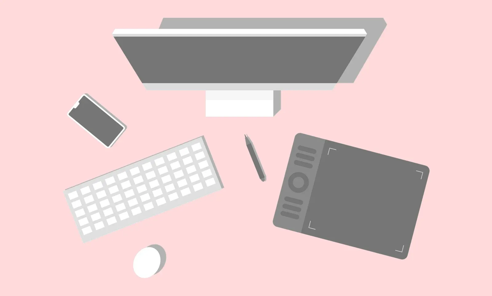 Grayscale illustration of a desk from above with a monitor, phone, keyboard, stylus, drawing tablet, and mouse on a pale pink background.