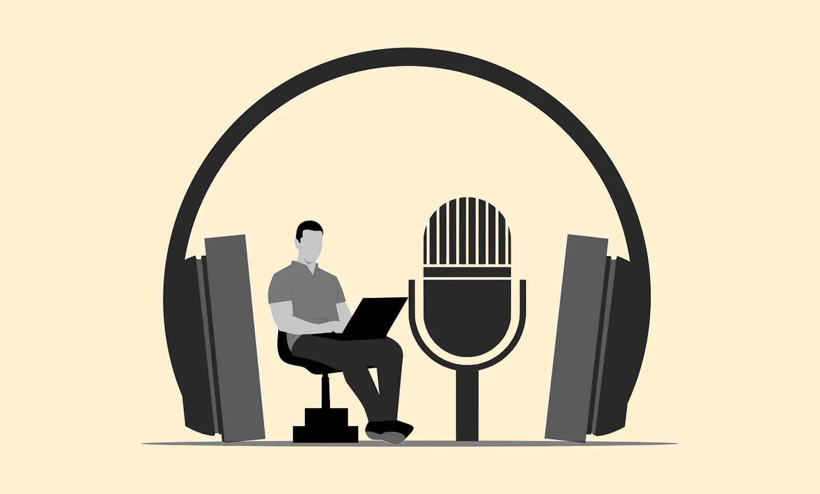 Greyscale illustration on pale yellow of a person with a laptop beside a large studio microphone, framed by oversized headphones and two upright books.
