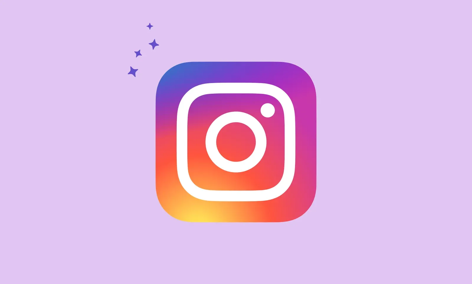 Instagram app icon in its pink and orange gradient beside small sparkles on a lilac background.