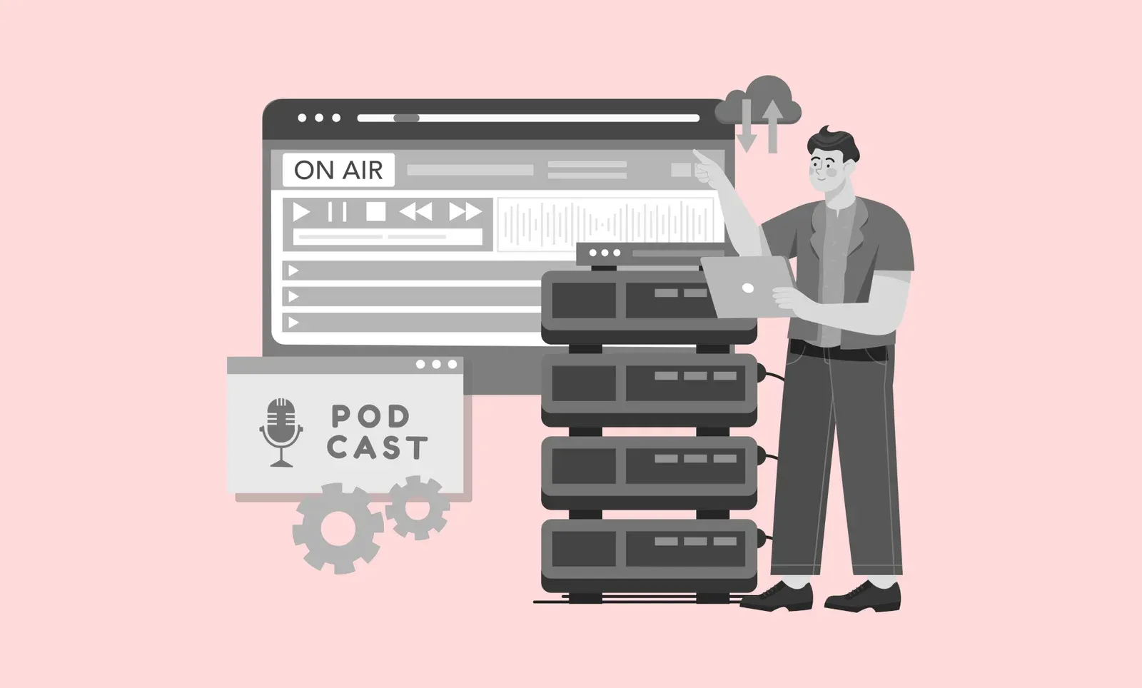 Man with a laptop beside stacked servers and an "ON AIR" podcast player and "PODCAST" panel on pink.