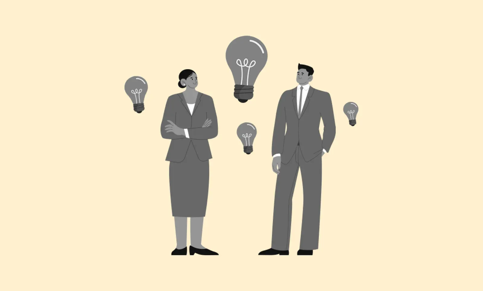 Two grey-suited business professionals stand among floating light bulbs on a pale yellow background.