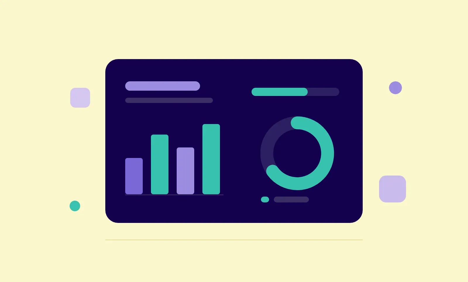 Dark navy analytics dashboard card on a pale yellow background, with a purple and teal bar chart, a partial teal donut chart, and a progress bar, plus small purple and teal shapes floating around it, illustrating 2026 branded-podcast research for brand marketers.