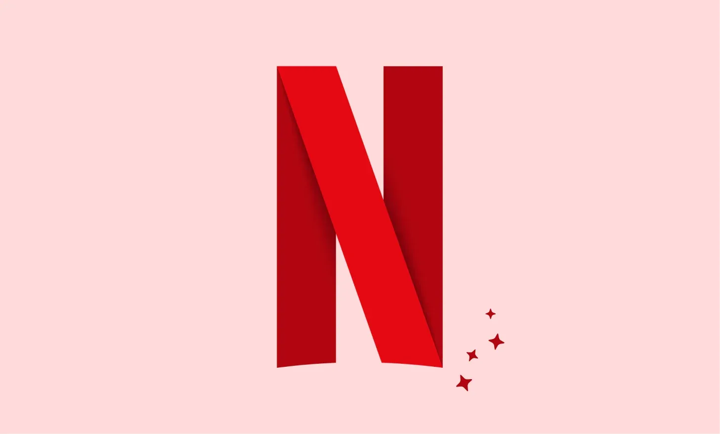 Red Netflix N logo with a trail of small sparkle stars on a soft pink background.