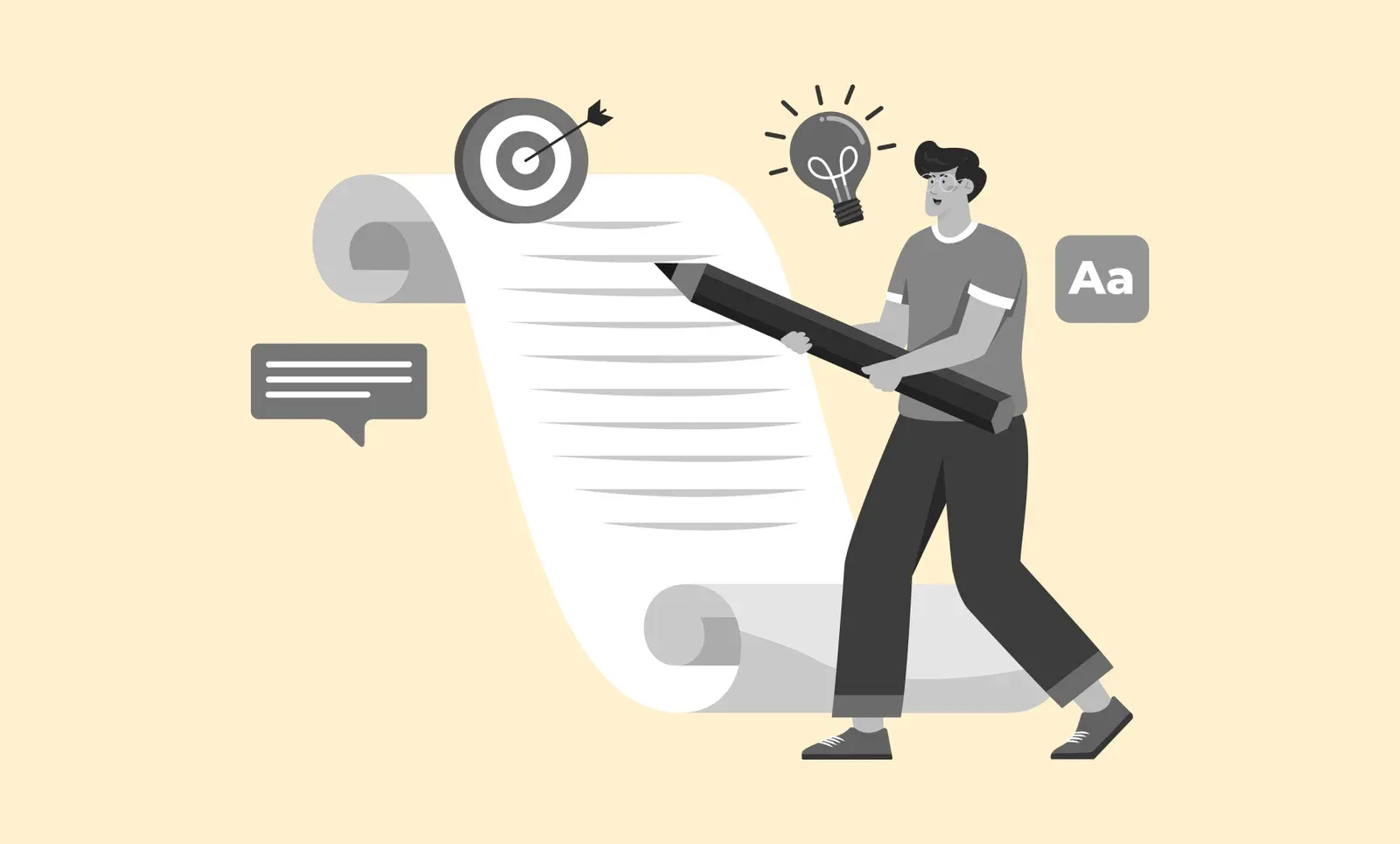 Illustrated man with glasses holds a giant pencil over a long scroll of text, surrounded by a target, lightbulb, and Aa icons.