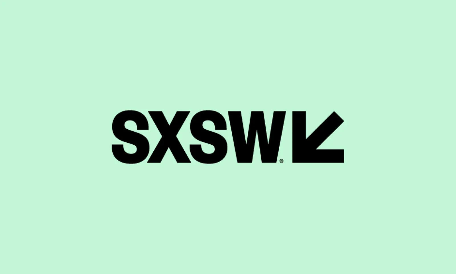 Black "SXSW" logo with its downward-left arrow mark centered on a mint green background.