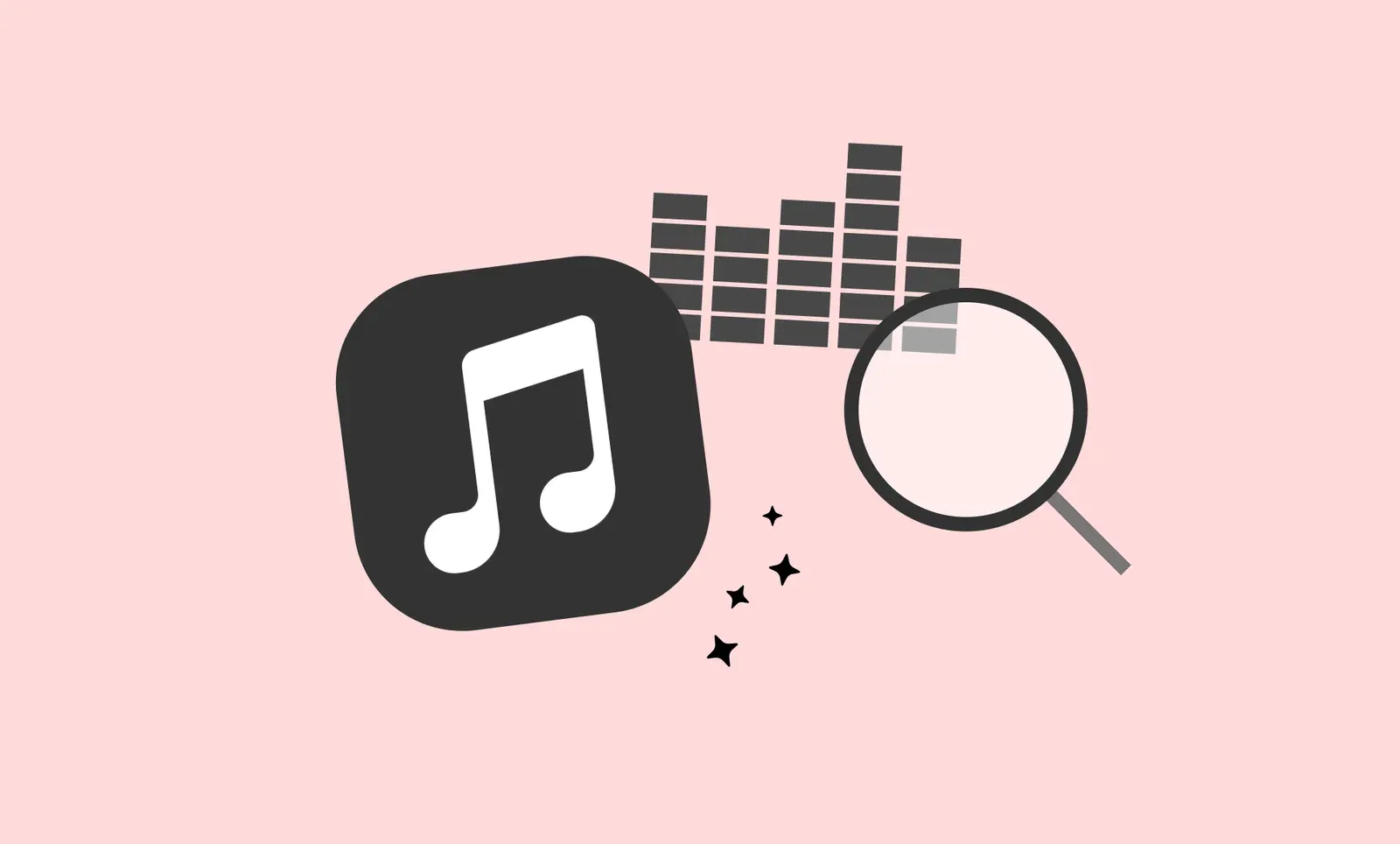 Illustration of an Apple Podcasts music-note icon beside an equalizer bar chart and a magnifying glass, on a pink background.