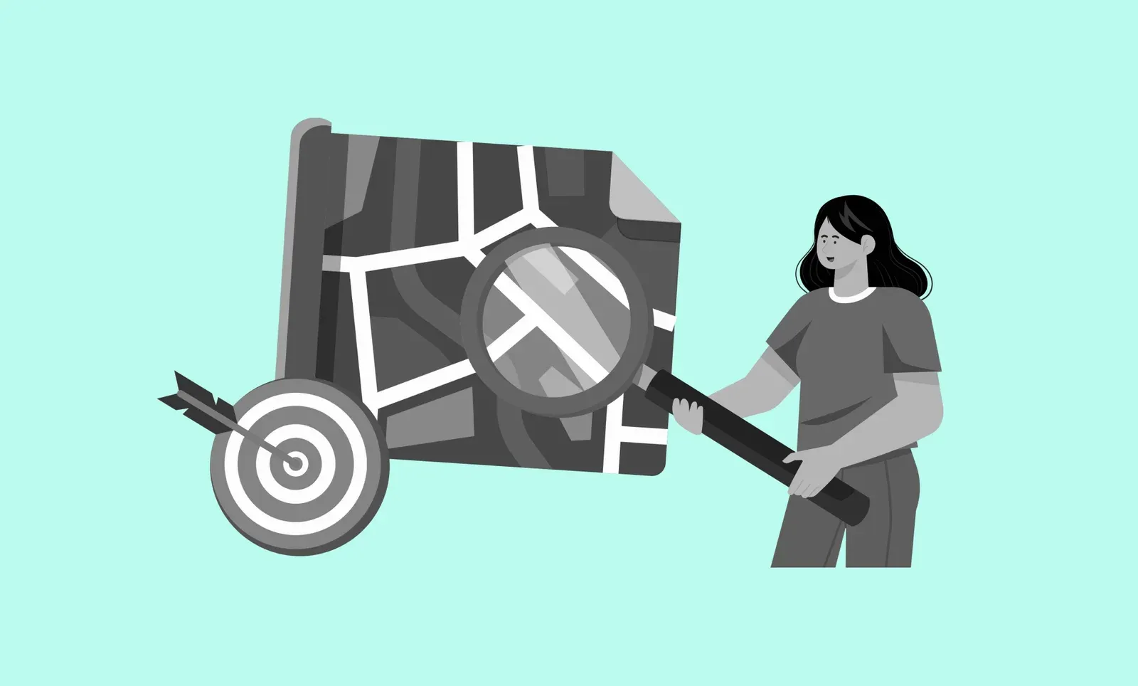 Illustrated woman holds a large magnifying glass over a city map beside a dartboard hit by an arrow, on a mint background.