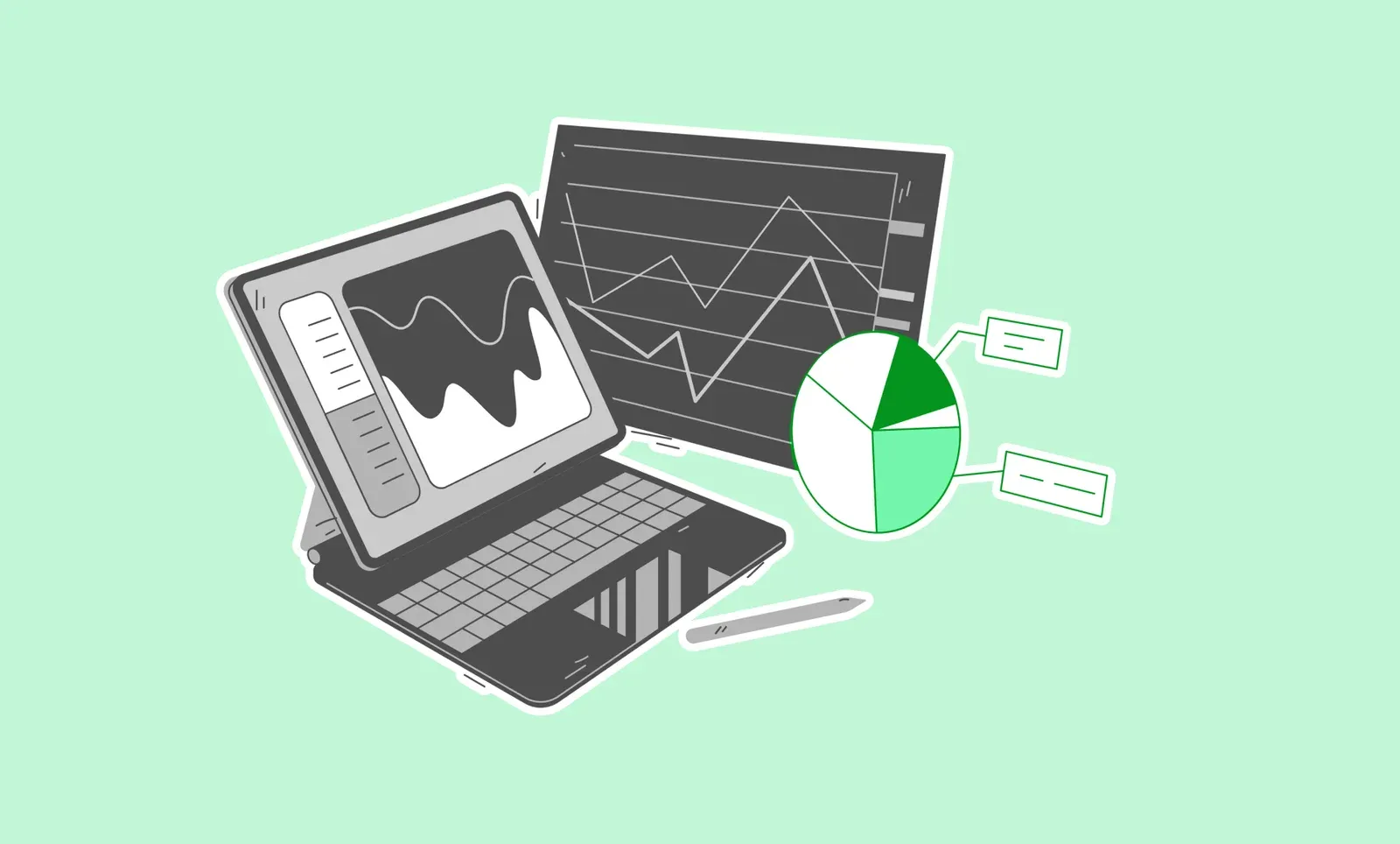 Illustration of a laptop showing a wave chart beside a line graph and a green pie chart on a mint background.