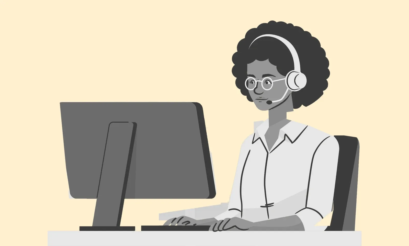 A woman wearing a headset works at a desktop computer.