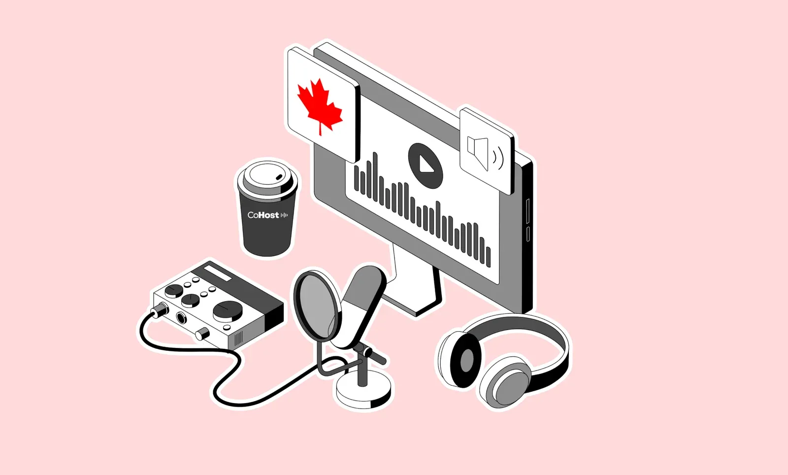 Podcast studio setup with a red Canadian maple leaf, mic, headphones, mixer, and a CoHost coffee cup on pink
