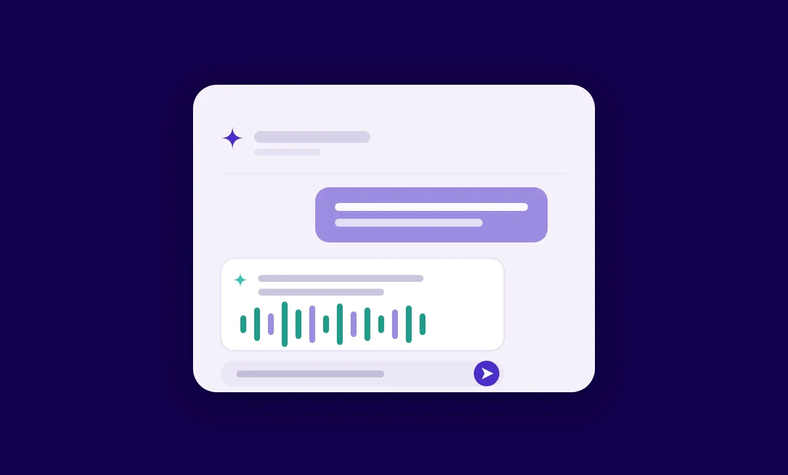 A light AI chat window on a dark purple background, showing a typed prompt, an AI reply that contains a podcast audio waveform, and a send button, illustrating the use of an AI assistant across podcast marketing.