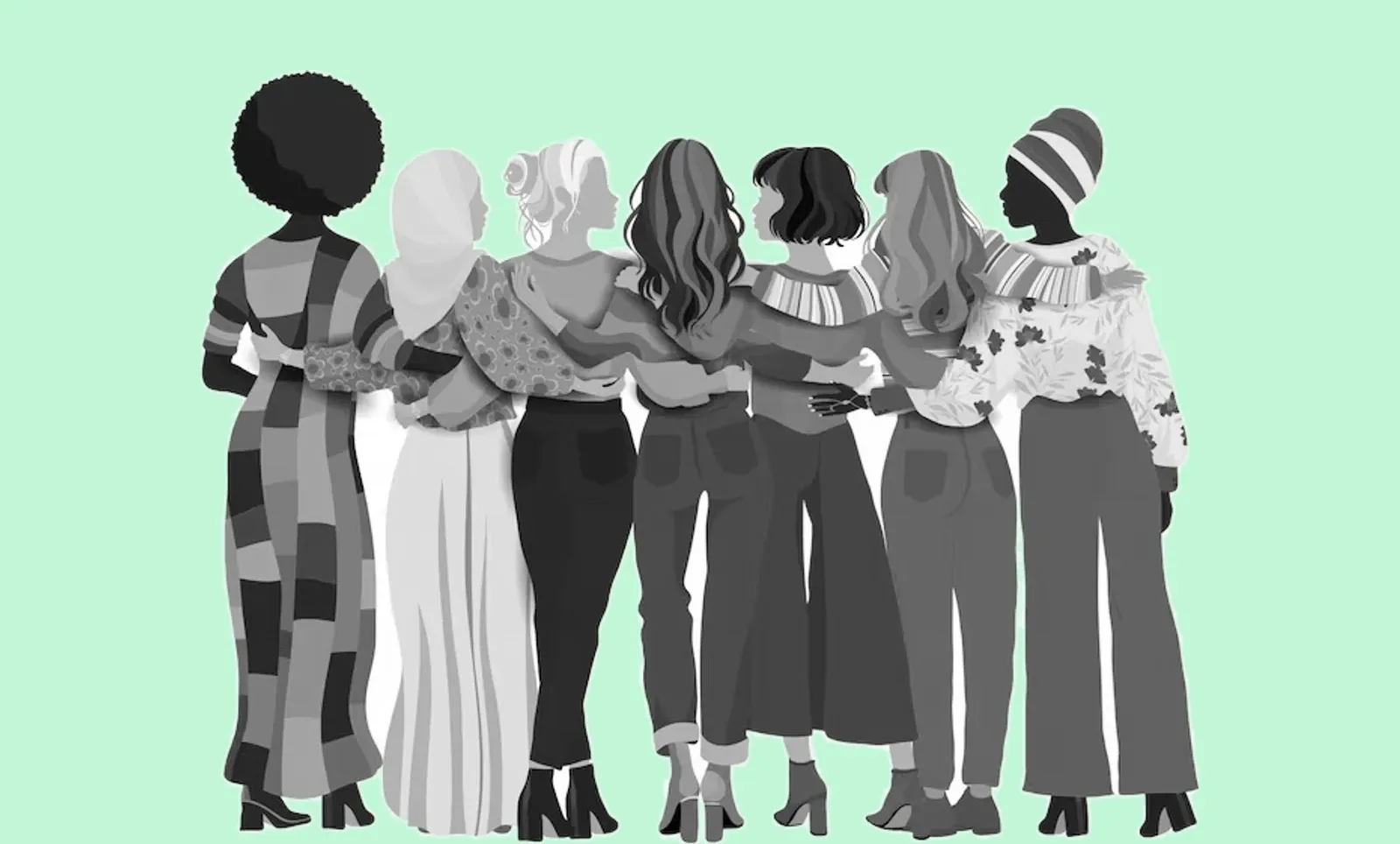 Seven women of different backgrounds stand together with their arms around each other, seen from behind.