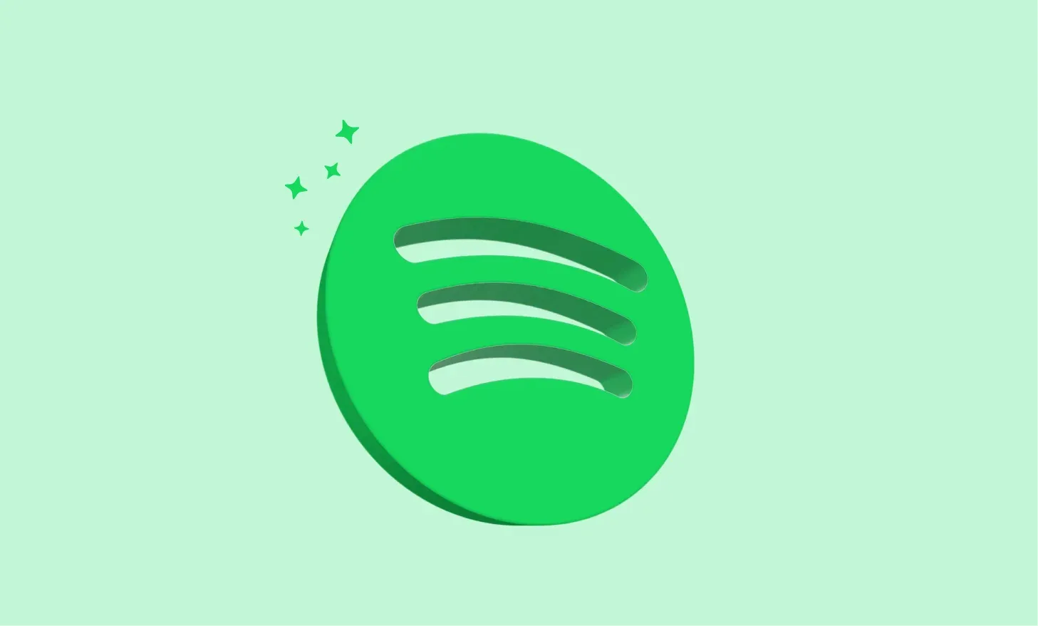 Green 3D Spotify logo with three curved sound bars, tilted at an angle beside sparkles on a mint background.