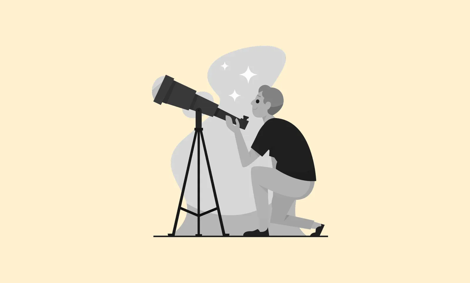 Grayscale illustration of a person kneeling at a tripod telescope aimed at sparkling stars on a cream background.