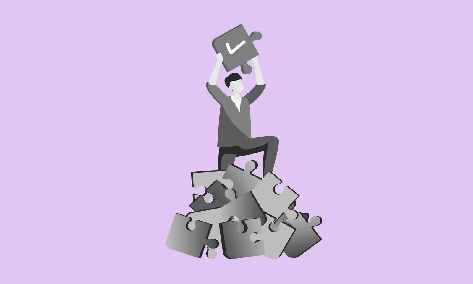 Grayscale illustration of a man kneeling on a pile of puzzle pieces, holding up a piece marked with a white checkmark.