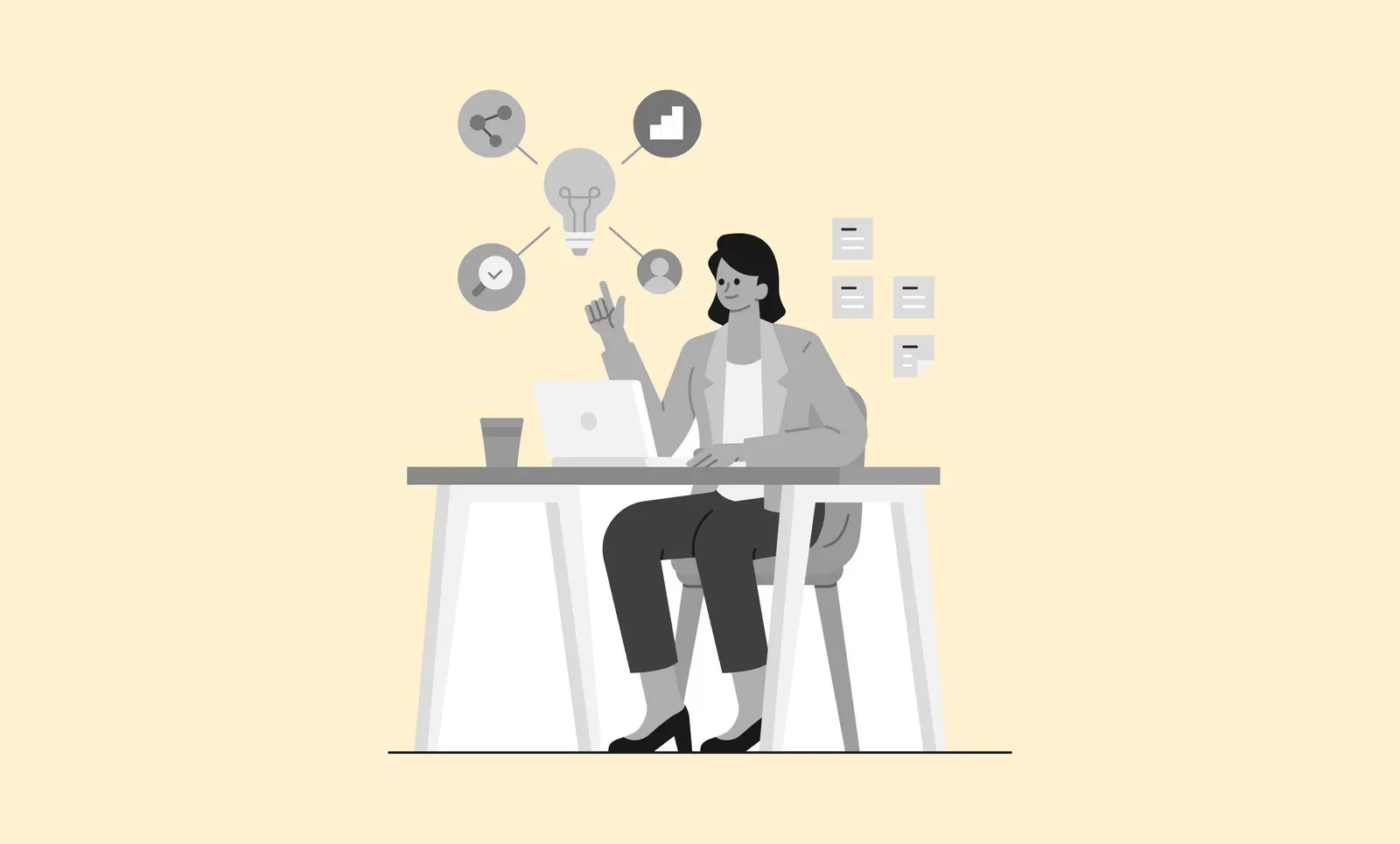 Grayscale illustration of a woman at a desk with a laptop, pointing up at a lightbulb linked to share, bar-chart, search, and profile icons, on a pale yellow background