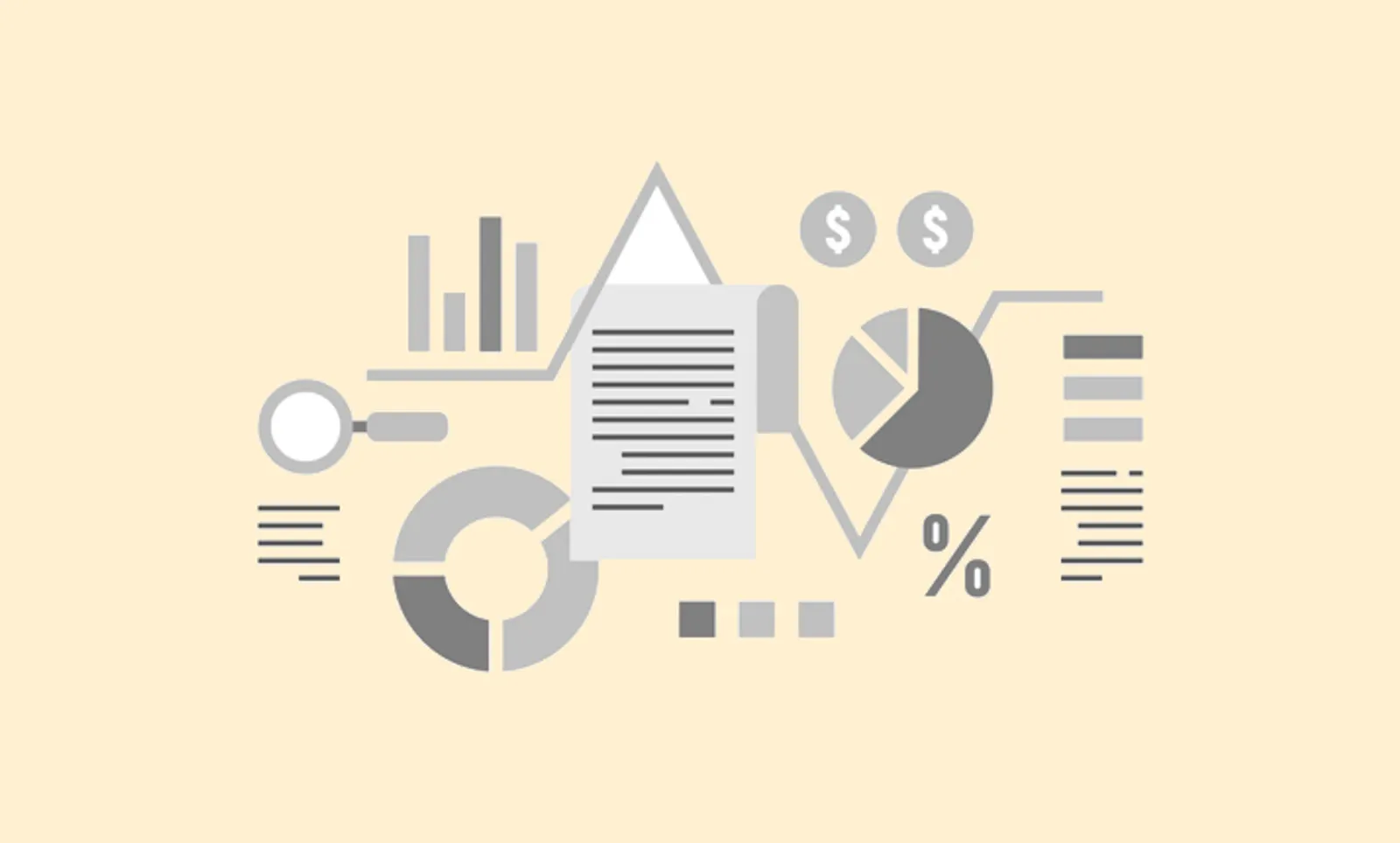 Greyscale illustration of podcast data and statistics on a soft yellow background: A central report document surrounded by a bar chart, a line graph, a pie chart, a donut chart, a magnifying glass, two dollar coins, and a percent sign.