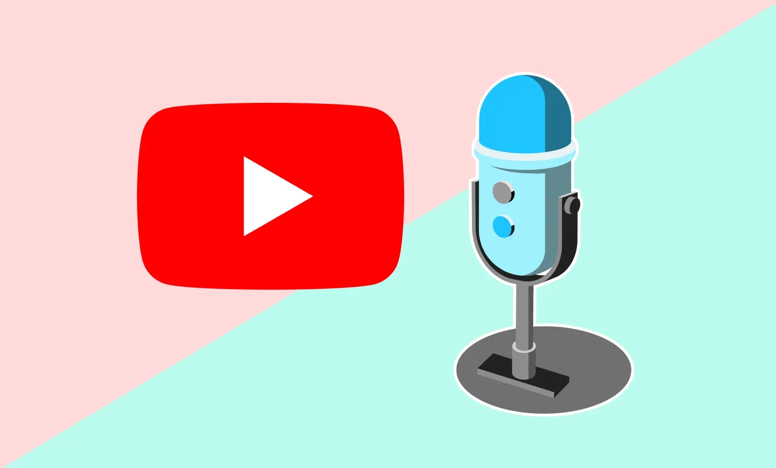 YouTube play button beside a blue 3D microphone on a diagonally split pink and mint background.