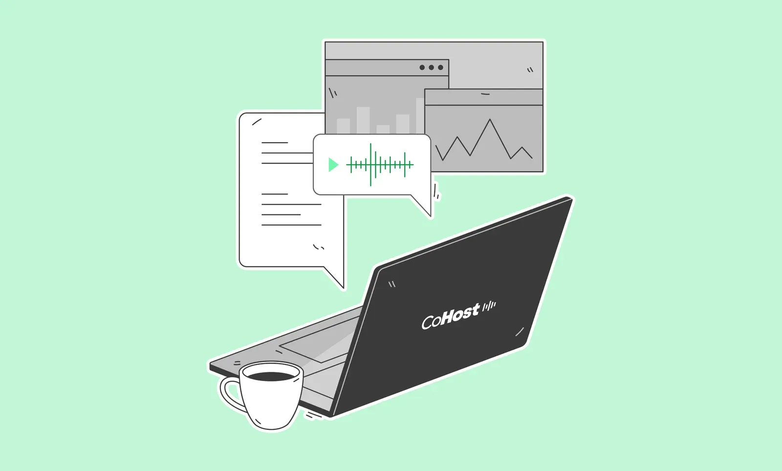 CoHost-branded laptop with a coffee cup, a green audio waveform play button, and analytics charts on a mint background.
