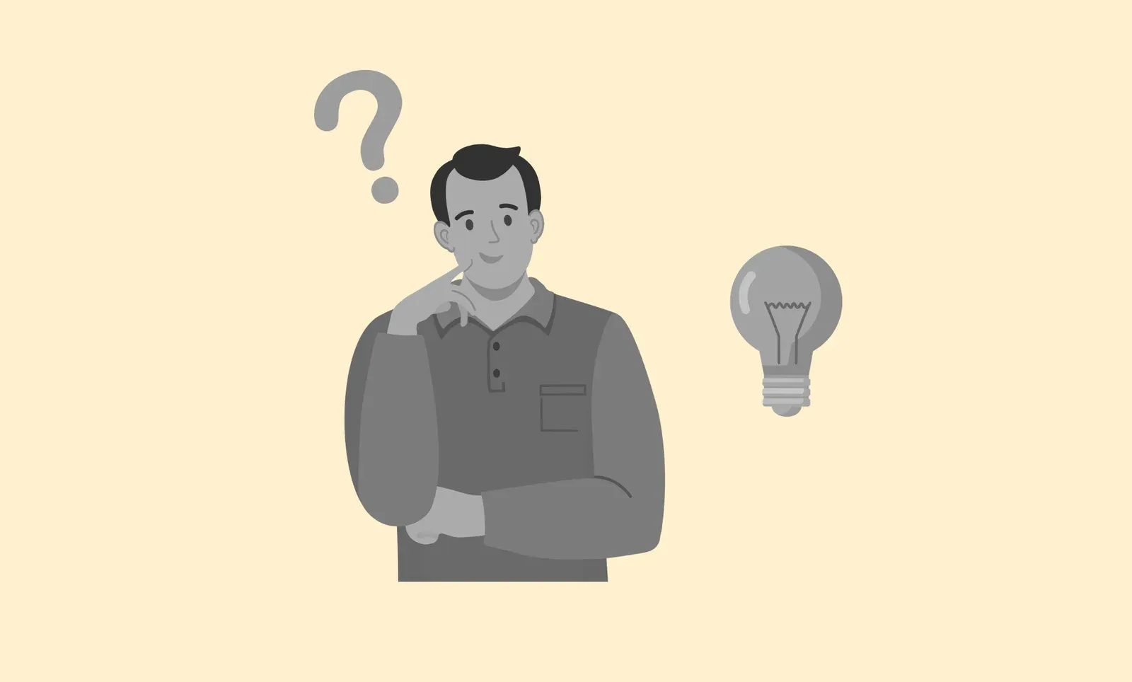 Grayscale illustration of a man in a polo shirt thinking, with a question mark and a lightbulb beside him