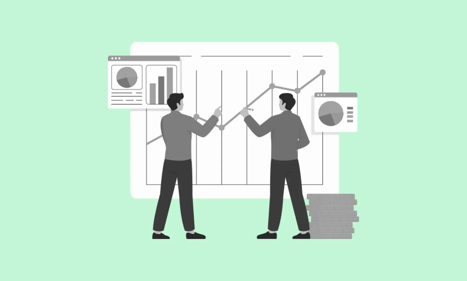 Two marketers plotting a rising line chart on a whiteboard, surrounded by floating dashboard cards