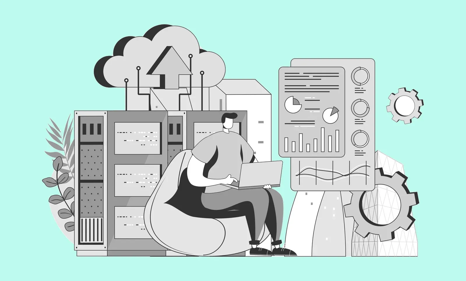 Greyscale illustration of a person on a beanbag using a laptop beside server racks, a cloud upload, and an analytics dashboard, on a mint green background.