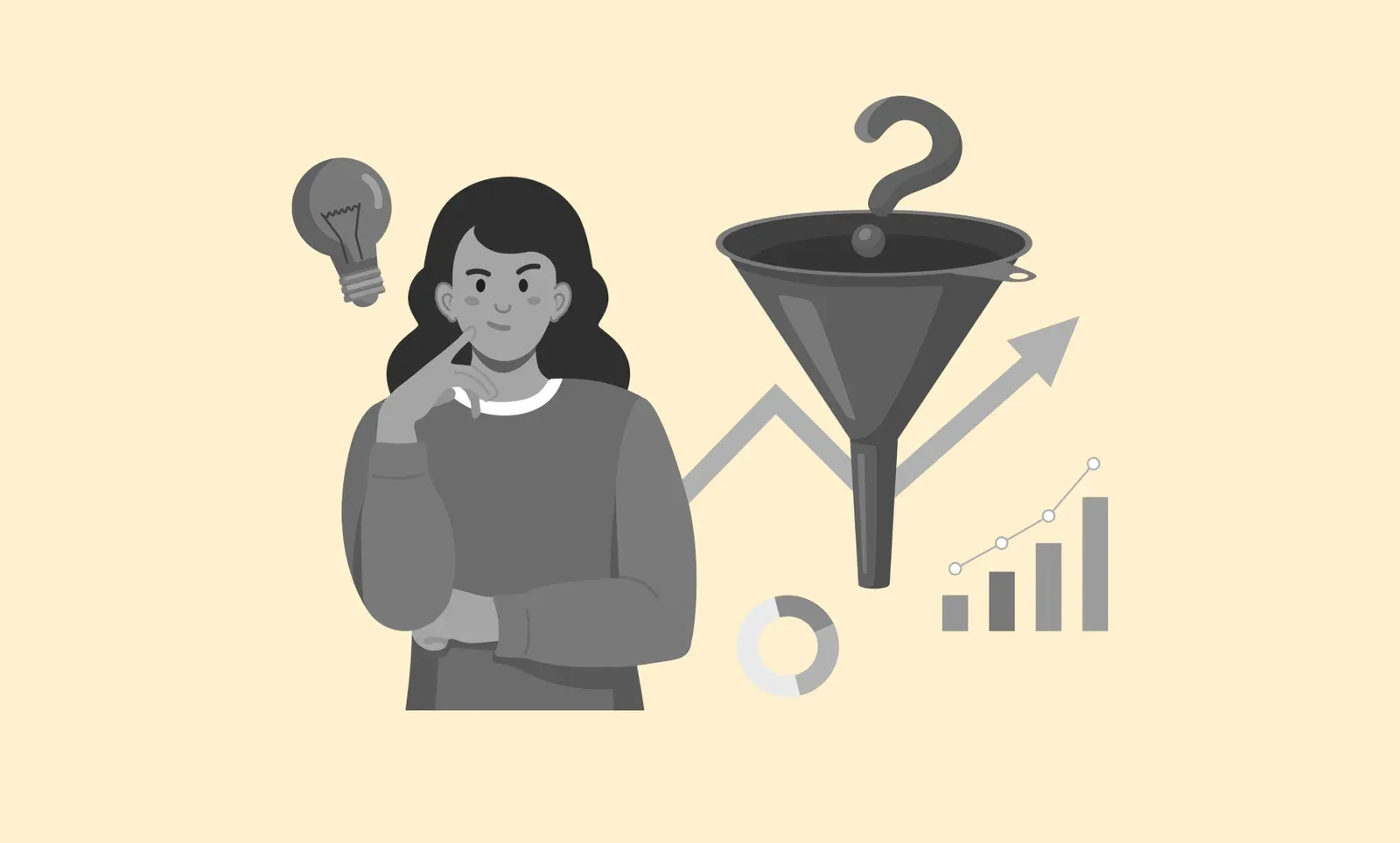 Illustration of a woman thinking beside a lightbulb, with a question mark dropping into a funnel above a rising bar chart and upward arrow.