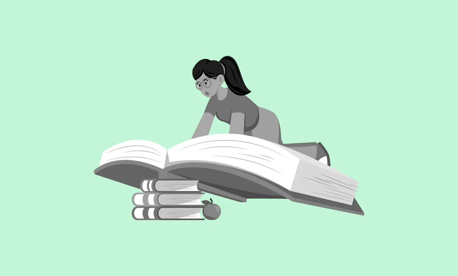 Grayscale illustration of a woman with a ponytail and glasses leaning over a large open book beside a stack of books and an apple