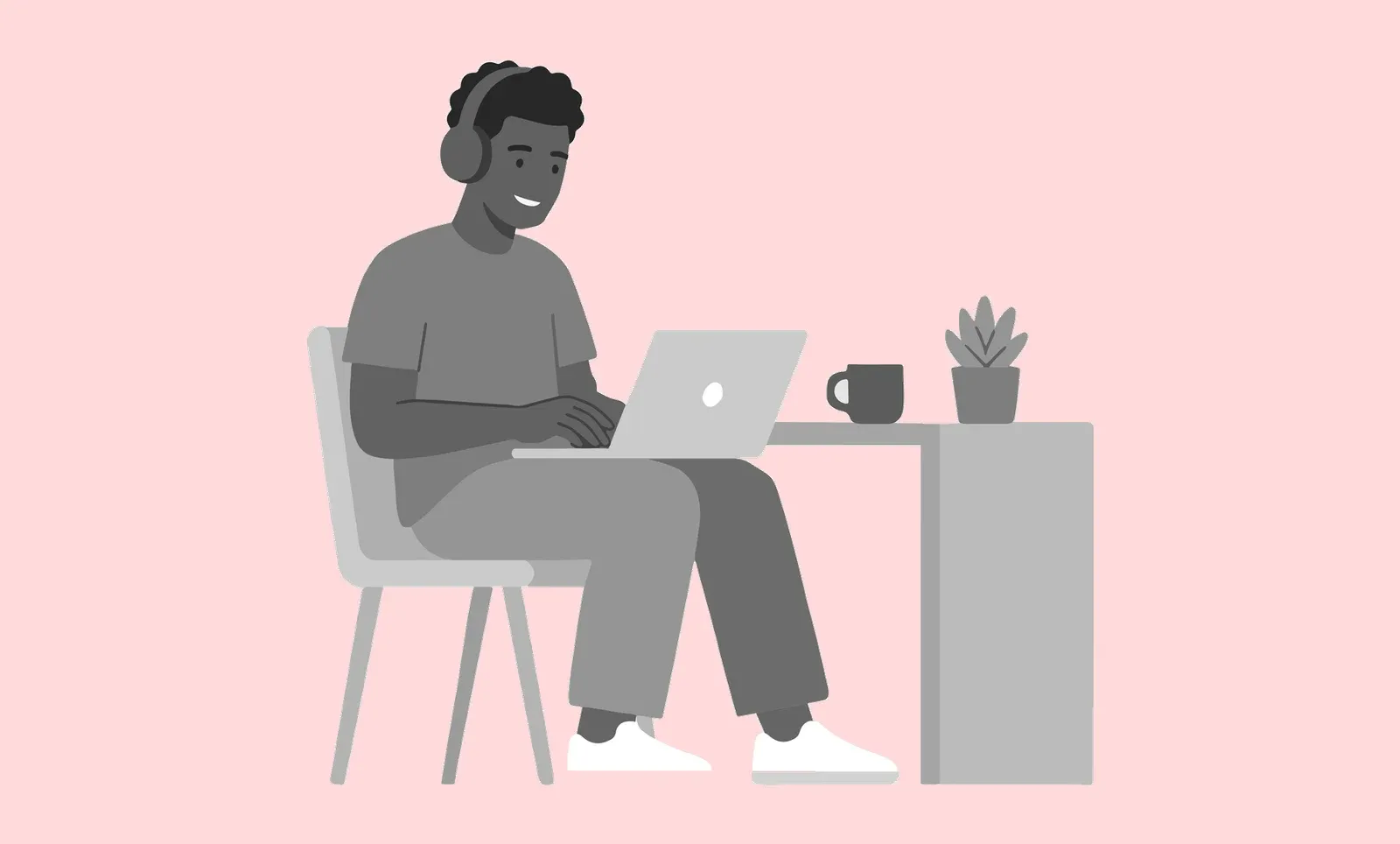 Greyscale illustration of a person wearing headphones working on a laptop at a desk with a coffee mug and a potted plant, on a pale pink background.