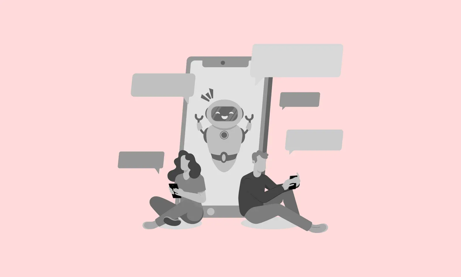 Two people on phones sit against a giant smartphone with a smiling chatbot robot and empty chat bubbles around it.