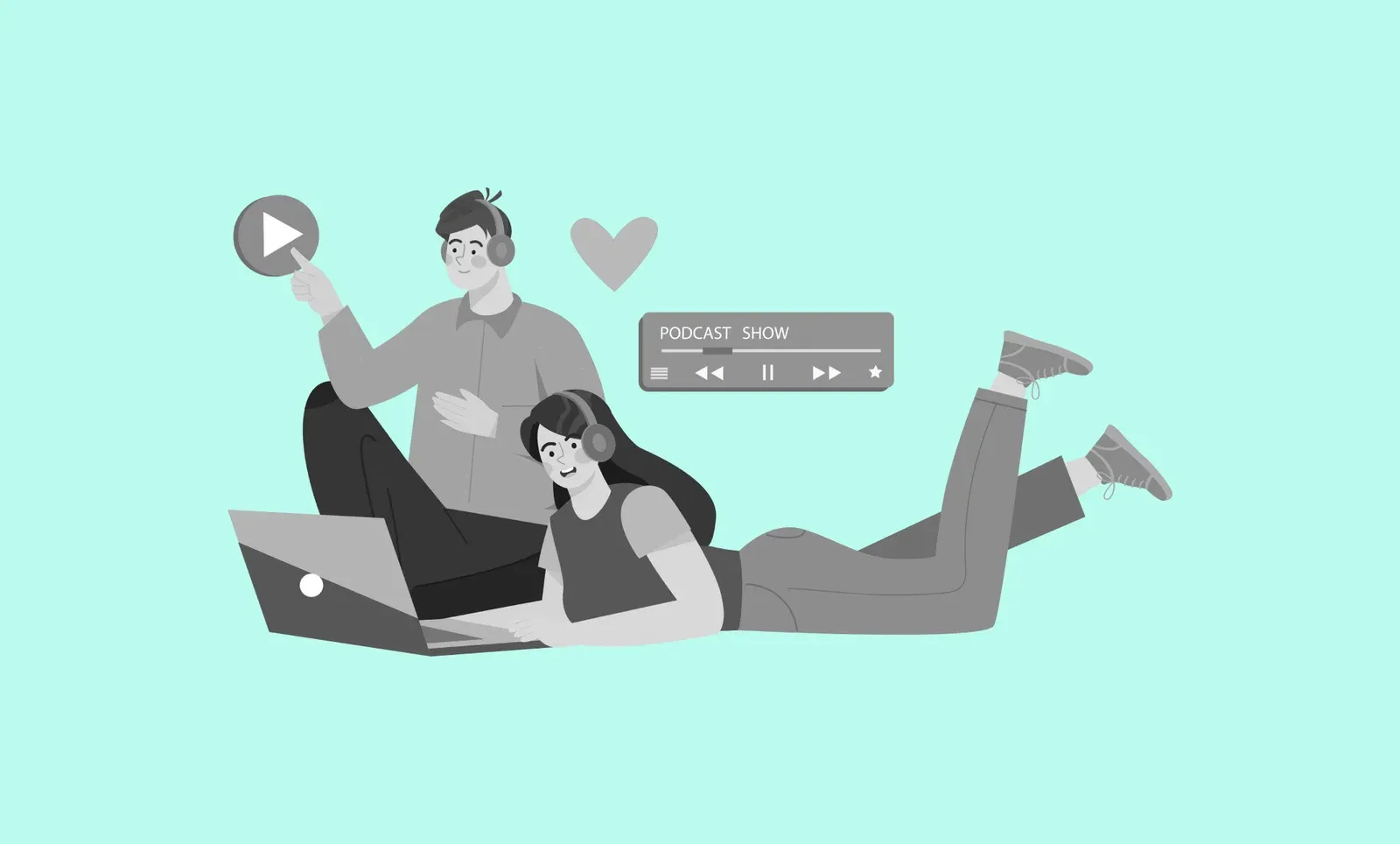 Two people in headphones with a laptop and a "PODCAST SHOW" player on a mint background