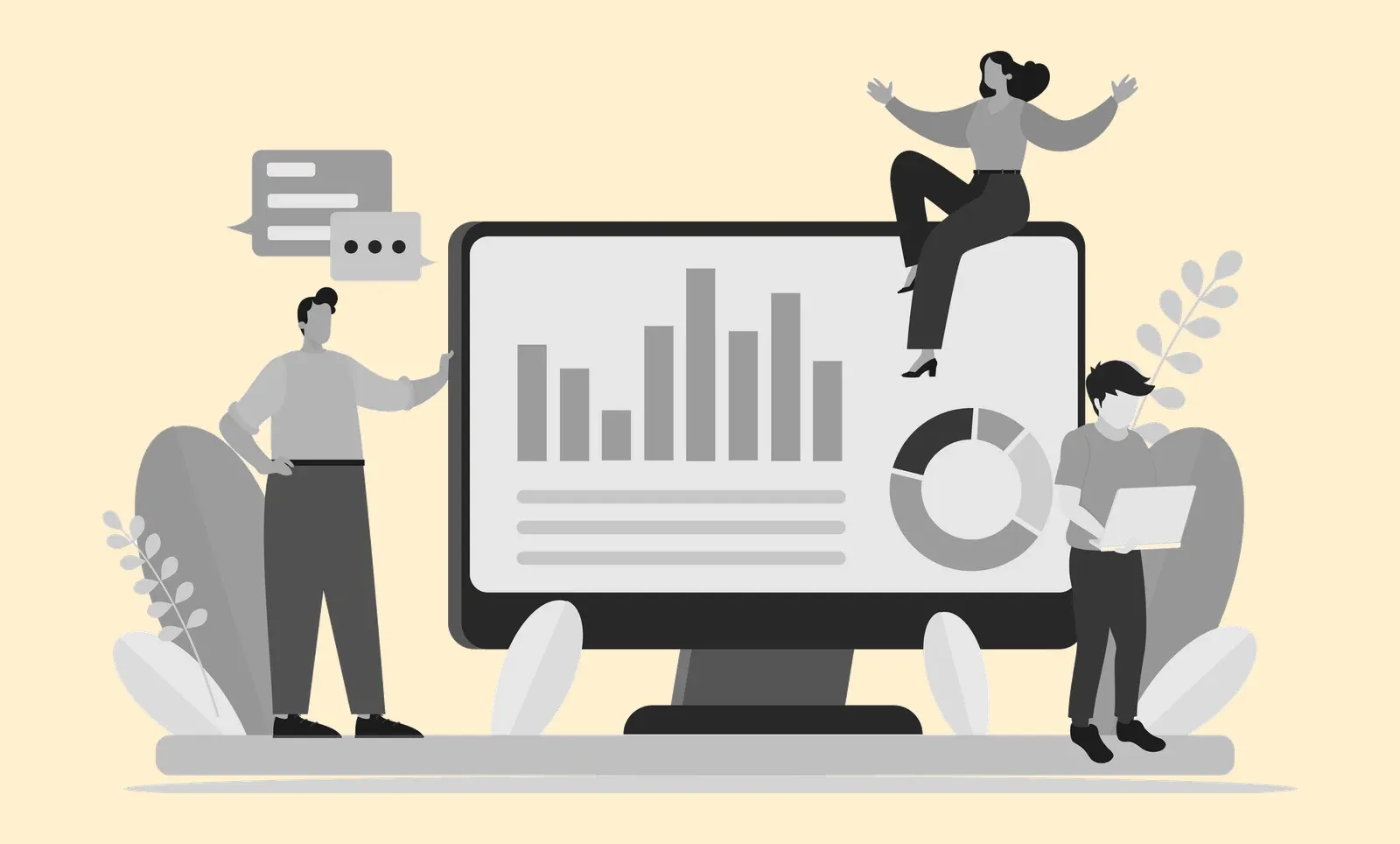 Grayscale illustration of three people around a large monitor showing a bar chart and a donut chart, with speech bubbles and leafy plants, on a pale yellow background.