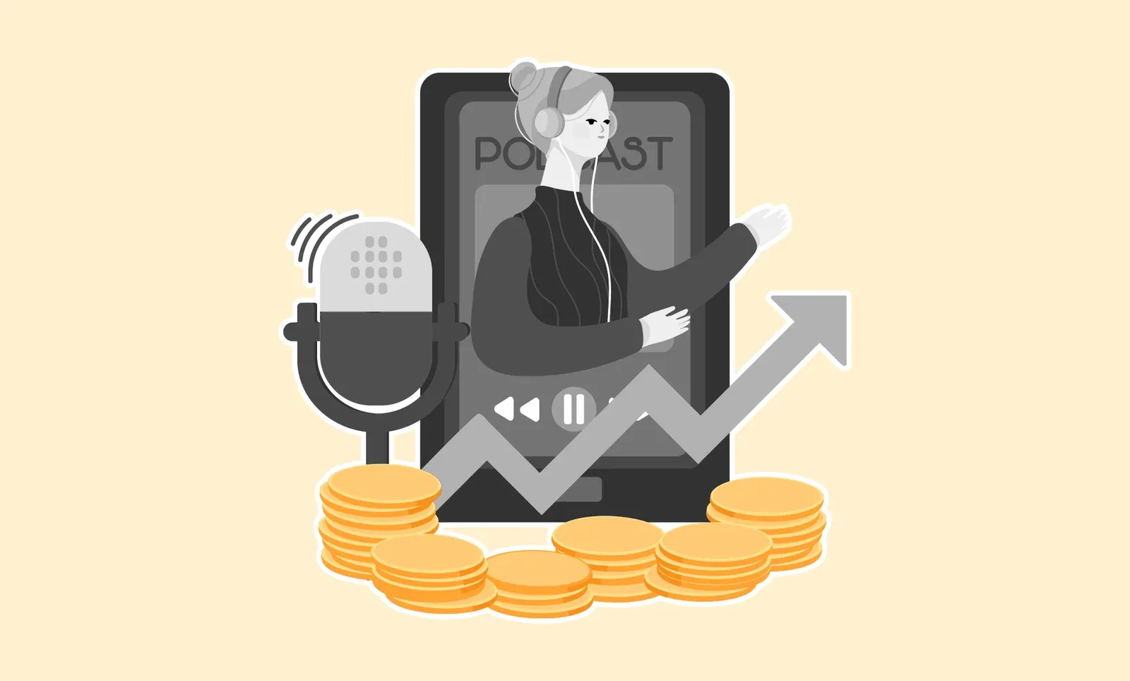 Headphoned listener stepping out of a phone playing a "PODCAST" episode, beside a mic, rising arrow, and gold coins