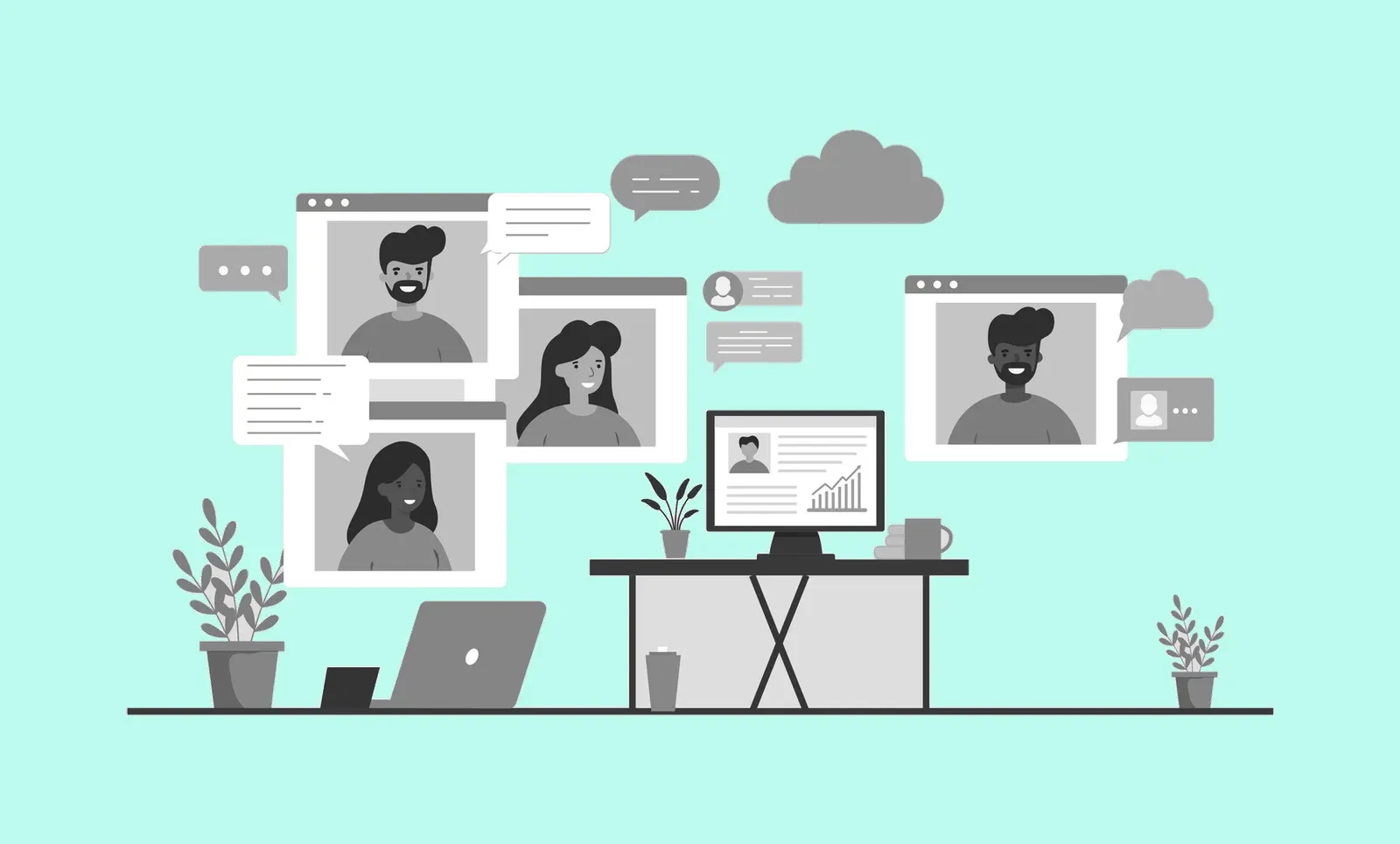 Greyscale illustration of a video call with four participants in windows beside a desk with a monitor and potted plants, on a mint green background.