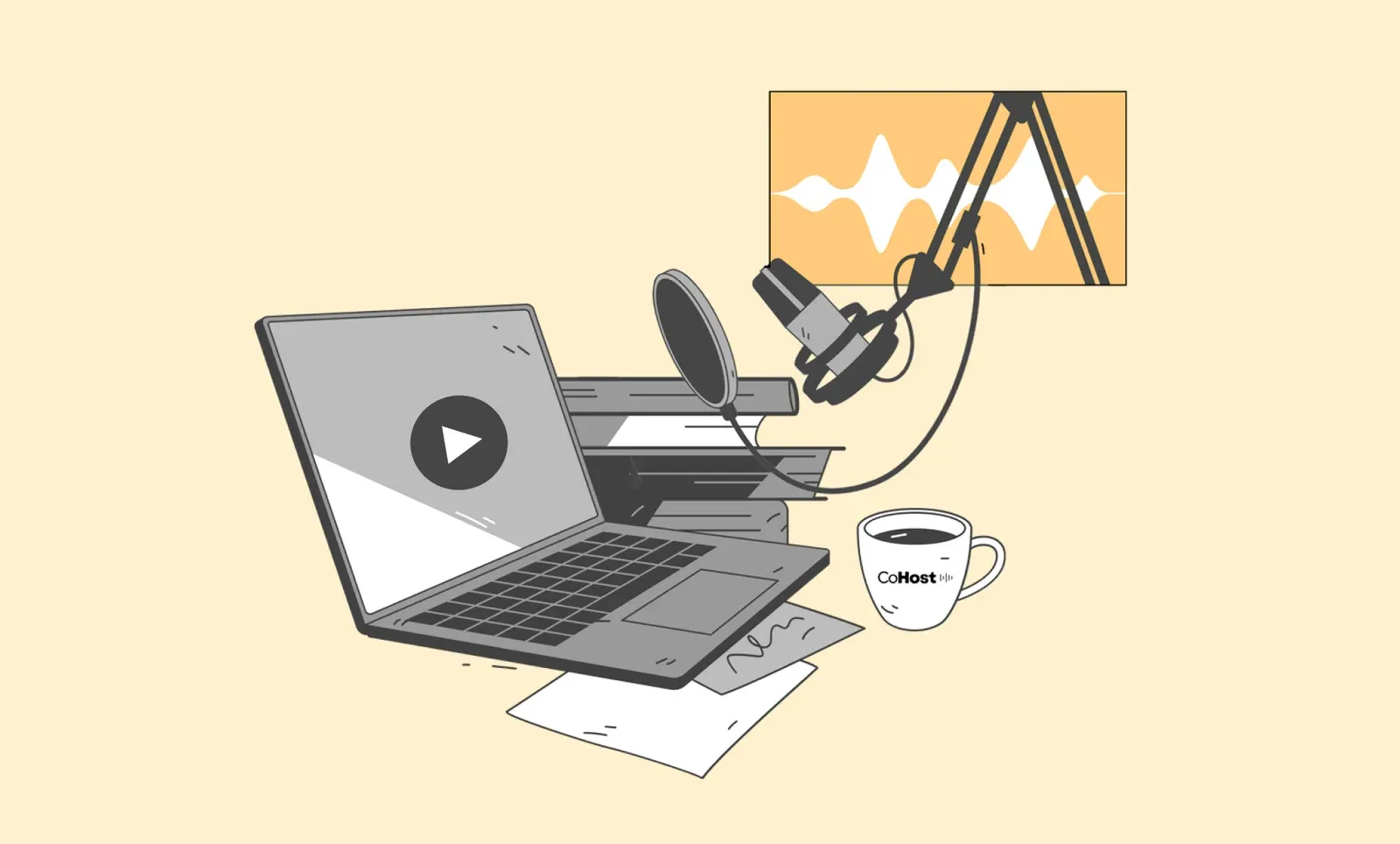 Laptop showing a video play button beside a studio microphone, audio waveform, and a CoHost coffee mug.