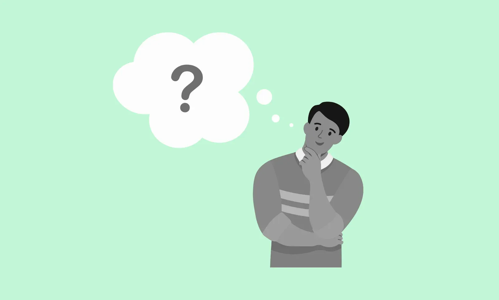 Illustration of a person with hand on chin thinking beside a white thought bubble holding a question mark, on a mint green background.