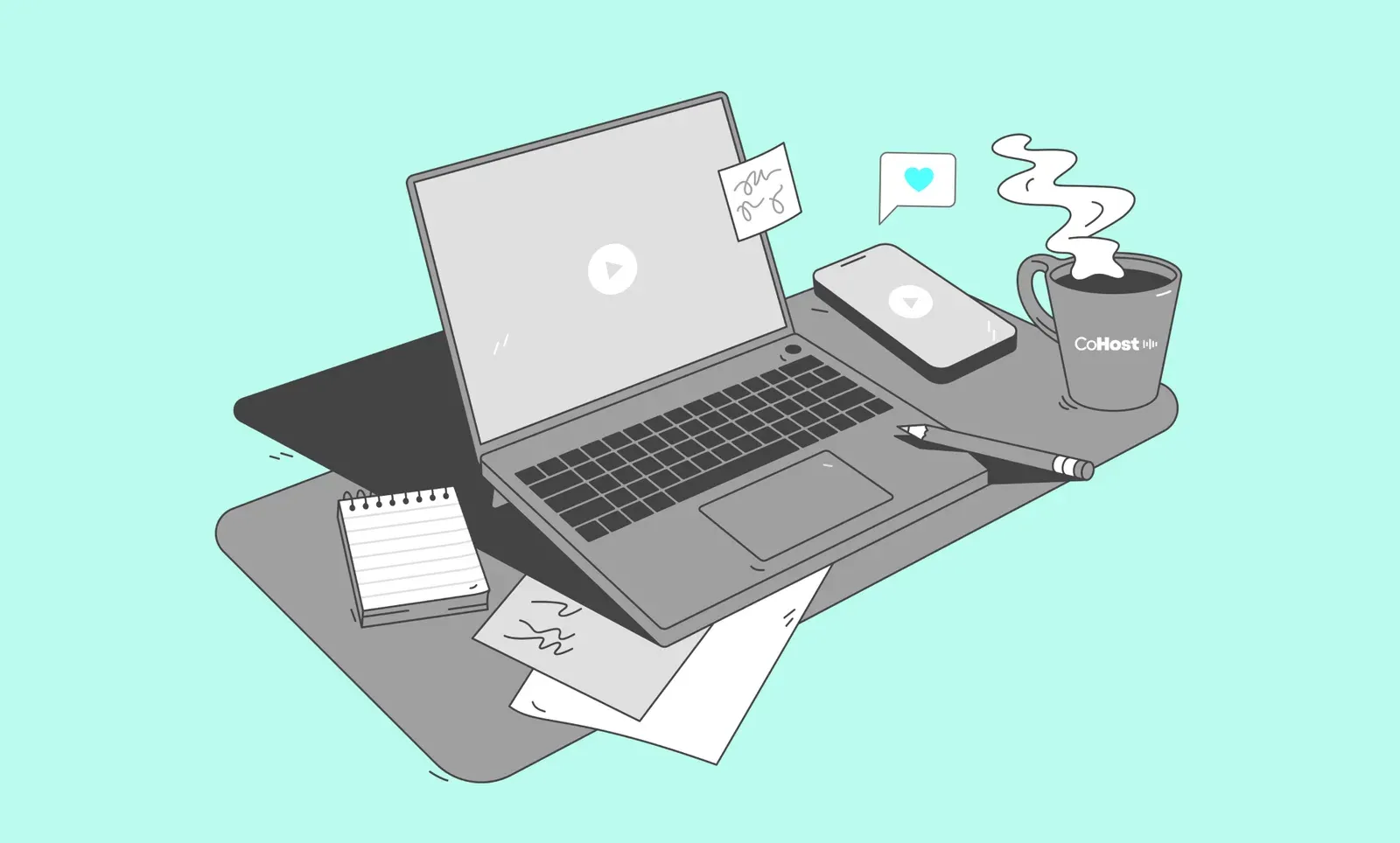 Laptop and phone showing video play buttons beside a steaming CoHost mug on a mint background.