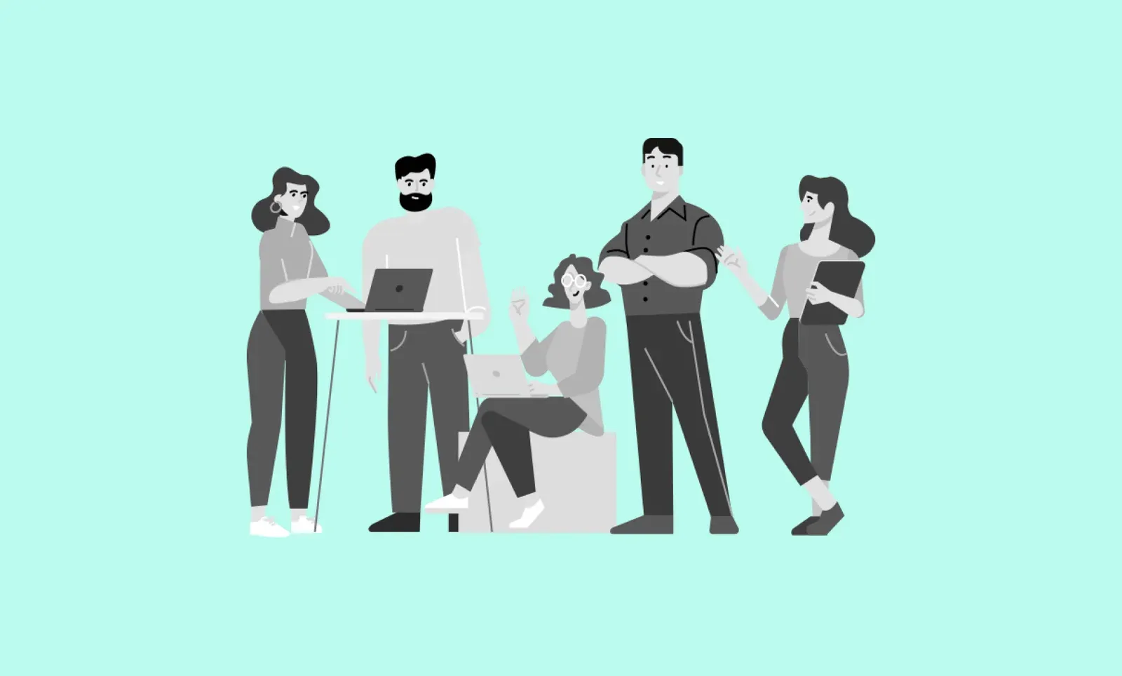 Grayscale illustration of five people with laptops and a tablet talking together on a mint green background.